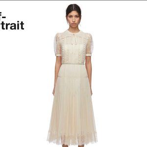 BNWT Self-Portrait Cream Lace Trim Pleated Midi Dress